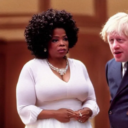 Prompt: a still of oprah winfrey and boris johnson in titanic 1997