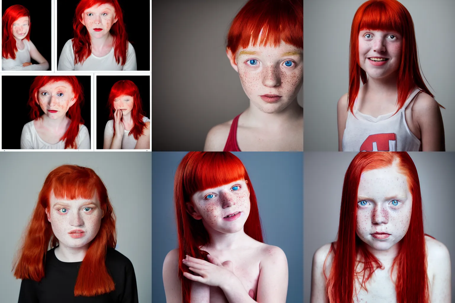 Prompt: A very ugly 10 year old girl, red hair, freckles, studio lighting, studio quality, studio composition