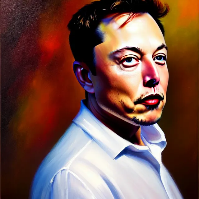 Image similar to stunning serene portrait of Elon Musk by Mark Arian, oil on canvas, masterpiece, realism, piercing gaze, autumn bokeh