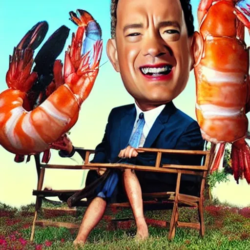 Prompt: Tom Hanks as forrest gump with giant shrimp heads instead of hands, digital art, photoreailstic, amazing detail