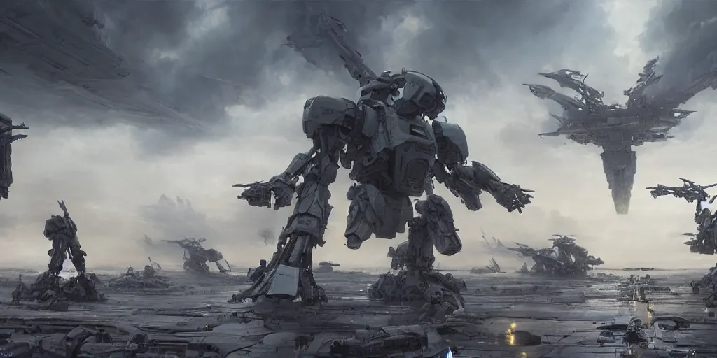 Prompt: hyper realistic sci - fi matte concept art painting of an epic cinematic battle featuring deploying soldiers, starships and mecha, beautiful details, strong composition painted by kim jung guweta studio rutkowski, james gurney and greg rutkowski, and lucasfilm, smooth, intricate, detailed, sharp focus, cinematic