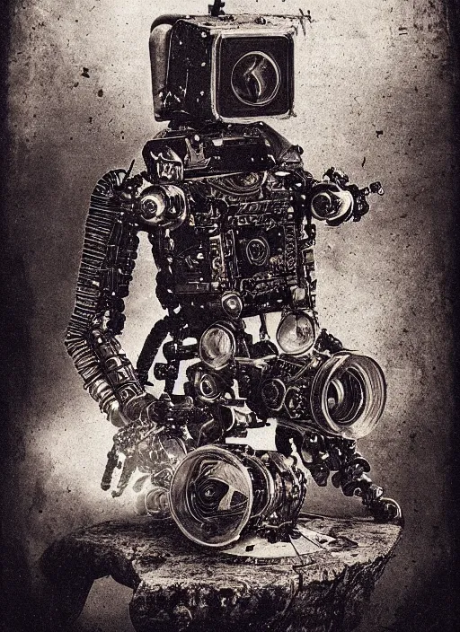 Image similar to old wetplate daguerreotype portrait of futuristi robot, dubbel exposuree, explosion of data fragments, fractal, intricate, elegant, highly detailed, parallax, leica, medium format, subsurface scattering, by jheronimus bosch and greg rutkowski and louis jacques mande daguerre