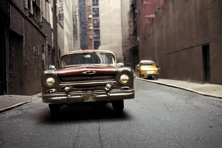 Prompt: street photography by saul leiter, in a narrow new york alley, award winning photo of an ultra detailed intricate dirty vintage ford car speeding very fast on mud, fast shutter speed, motion blur, tiny gaussian blur, highly detailed, highly intricate, depth of field, trending on top gear