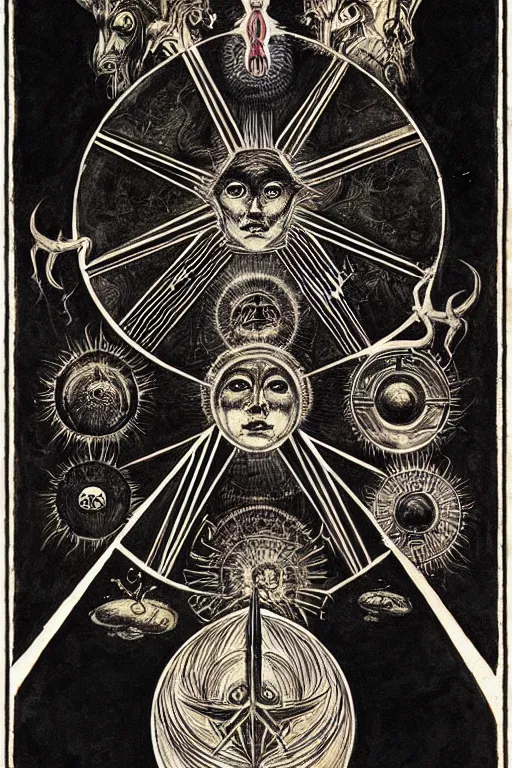 Image similar to occult diagram of the black sun, in the style of gustav moreau, goward, wayne barlowe,  Gaston Bussiere and roberto ferri, composition by austin osman spare
