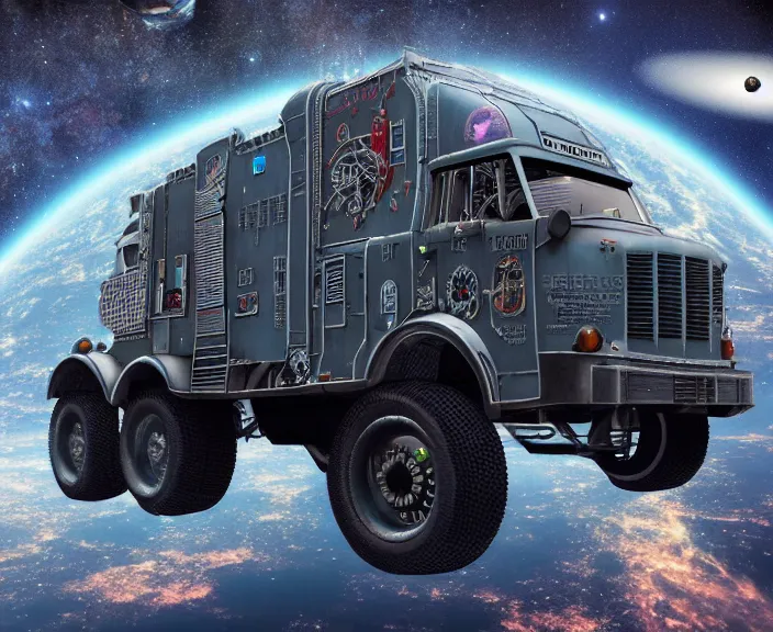 Image similar to russian truck zil - 1 3 0 fly in space in orbit of the planet earth, hyper detailed, hight detailed, futuristic, ultra realistic, cyberpunk, steampunk, no blur, 8 k