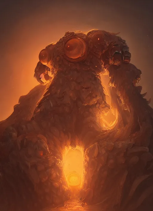 Image similar to a highly detailed illustration of worn down colossal bronze giant, with big orange glowing eyes, gentle calm doting pose, intricate, elegant, highly detailed, centered, digital painting, artstation, concept art, smooth, sharp focus, league of legends concept art, WLOP