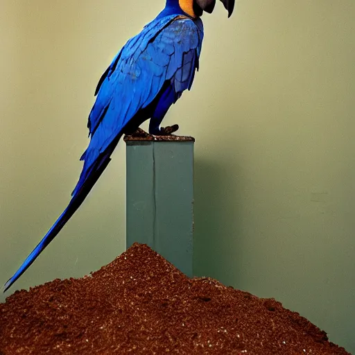 Prompt: Hyacinth macaw in ground lost in backrooms, cinematic shot, cinestill 800 t