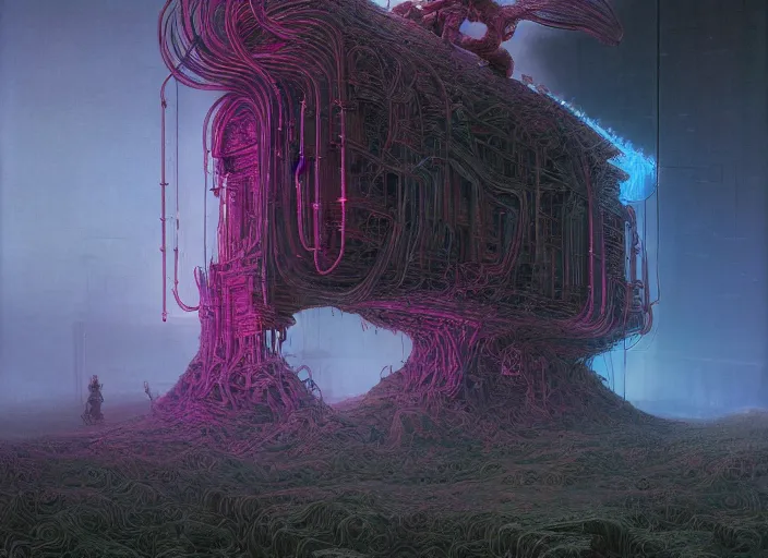 Prompt: behemoth, neon, they are watching, RGB, glowing wires everywhere, pristine, by Edgar Maxence and Ross Tran, Zdzisław Beksiński, and Michael Whelan, distant, gustav dore, H.R. Giger, 8k, octane render