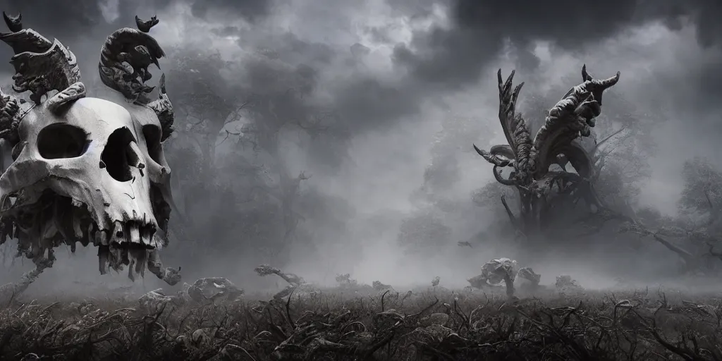 Prompt: white bird skulls, ram skulls, grand imposing powerful sculpture. swirls of mist. occult photorealism, uhd, amazing depth, volumetric lighting, cinematic lighting. epic landscape.