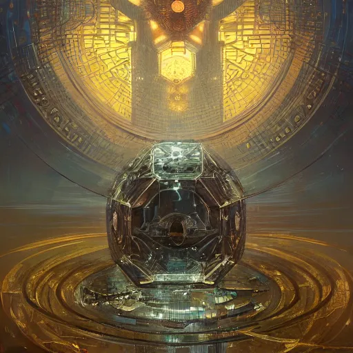 Image similar to hyper realistic golden quantum computer in the shape of a giant cube the size of a city , art by artery and Greg Rutkowski and alphonse mucha, sci-fi, fantasy, intricate, ornate, very very intimidating , highly detailed, digital painting, artstation, concept art, smooth, sharp focus, illustration