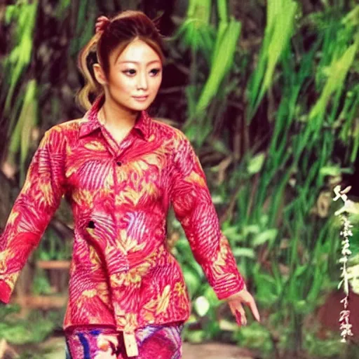 Image similar to Ayumi Hamasaki wearing batik shirt , film still, best scene,