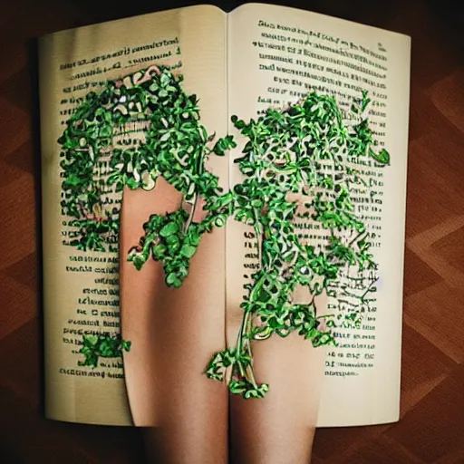 Image similar to “ very photorealistic photo of vines growing out of a woman ’ s book as she sleeps, award - winning details ”