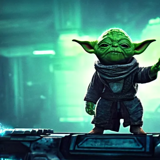 Image similar to yoda as pickle rick in gears of war, splash art, movie still, cinematic lighting, dramatic, octane render, long lens, shallow depth of field, bokeh, anamorphic lens flare, 8 k, hyper detailed, 3 5 mm film grain