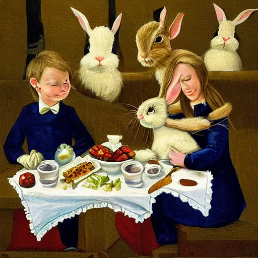 Image similar to Bunny Family Dinner painting by Gurney