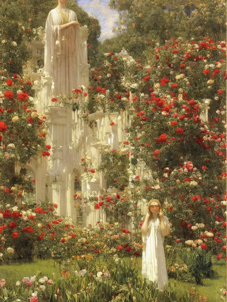 Image similar to the grand temple of flowers, by thomas cooper gotch and frederick arthur bridgman. pre raphaelite, art nouveau, fantasy architecture, symmetry