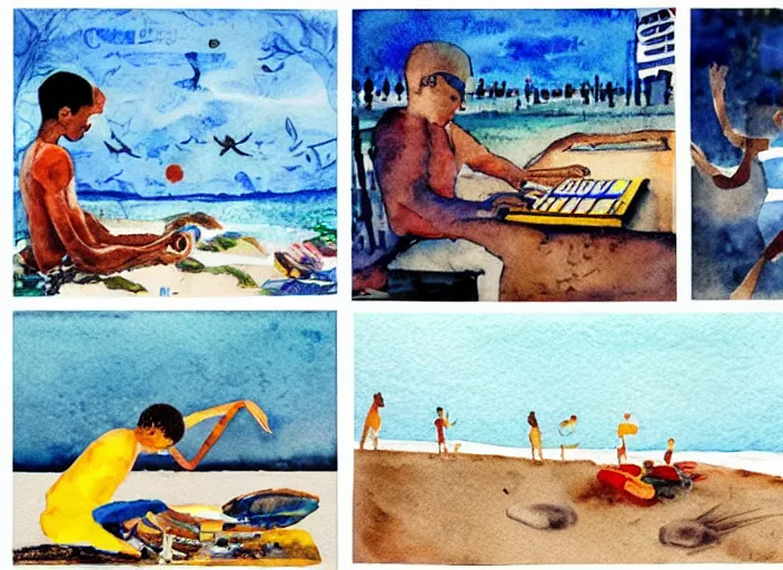 Prompt: watercolor and collage by eric carle, of steph curry playing analog synthesizer on the beach, peaceful mood