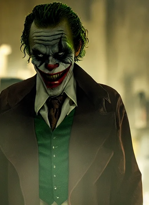 Image similar to film still of Willem Dafoe as The Joker in The Dark Knight, 4k