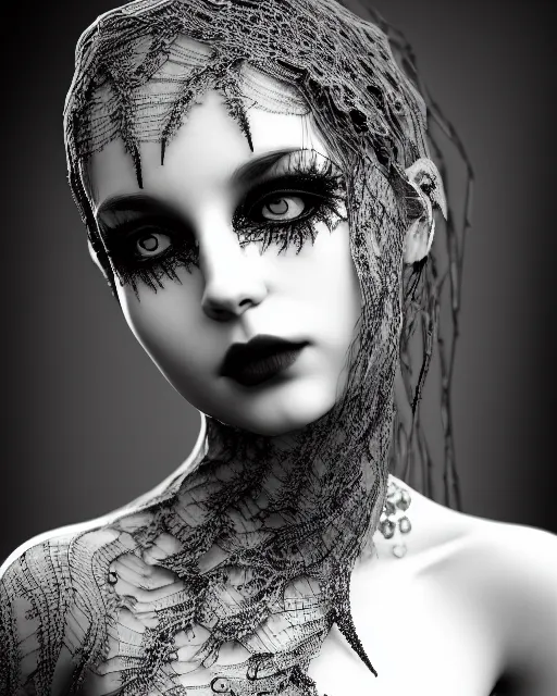 Image similar to surreal mythical dreamy dark artistic black and white fine art photo of a beautiful young female vampire - medus - cyborg covered with lace fish scales and translucent algae, highly detailed, intricate crystal ivy jelly fish scales ornate, lace web, poetic, octane render, 8 k, photo - realistic