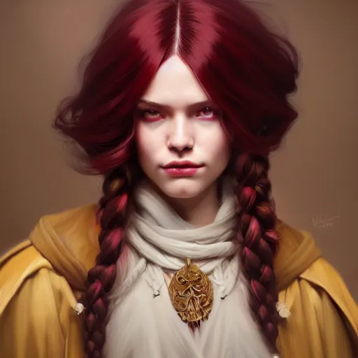 Image similar to Hyperrealistic portrait of a girl with cream coloured hair wearing a heavy maroon cloak, Overwatch inspired, golden accents, face, fantasy, intricate, elegant, highly detailed, digital painting, artstation, concept art, smooth, sharp focus, illustration, art by Wei Fan and Fernanda Suarez and Artem Demura and alphonse mucha