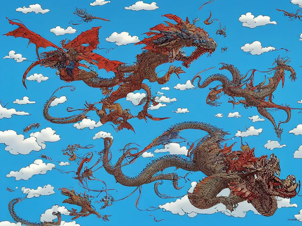 Image similar to blue dragon flying in the clouds, by Geof Darrow and Roger Dean, science fiction, trending on artstation
