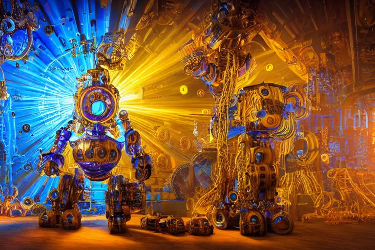 Prompt: scene is fiesta espuma in amnesia ibiza, portrait photo of a giant huge golden and blue metal steampunk robot, with gears and tubes, eyes are glowing red lightbulbs, shiny crisp finish, 3 d render, 8 k, insaneley detailed, fluorescent colors, haluzinogetic, background is multicolored lasershow