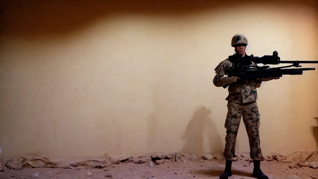 Image similar to film still of a marine soldier with a sniper rifle on his back standing in a dusty room with traditional colorful carpets on the wall in front of a sandy window. moody, grainy, 4 k, high detail, aesthetic, good composition, anatomically correct, directed by clint eastwood,