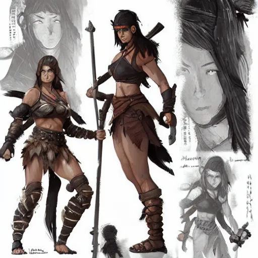 Image similar to character sheet of female barbarian warrior, muscular, chiseled, by greg rutkowski and studio ghibli, digital art, trending on artstation, highly detailed, concept art, beautiful, masterpiece