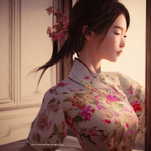 Image similar to beautiful oriental woman, flower clothes, bedroom, ultra realistic, concept art, intricate details, highly detailed, photorealistic, octane render, 8 k