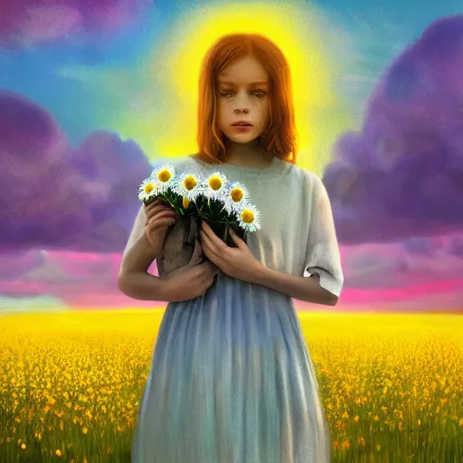 Prompt: daisy flower for a face, portrait of girl in flower field, holding daisy, surreal photography, sunrise, impressionist painting, colorful clouds, digital painting, artstation, simon stalenhag, flower face