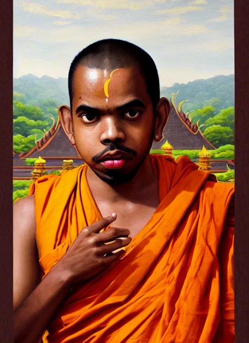 Prompt: smart sri lanka buddhist monk, closeup portrait, earl sweatshirt!!, historical hero, ethnic group, tai costume, background is sukhothai temple, intricate, elegant, loin cloth, highly detailed, oil painting, artstation, concept art, matte, sharp focus, illustration, hearthstone, art by earl norem