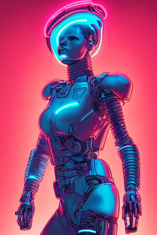 Image similar to portrait of a cyborg girl with a ribbed biomechanic armor and neon light, illustrated by Laurie Greasley and Michael Whelan , digital painting, highly detailed, trending on artstation