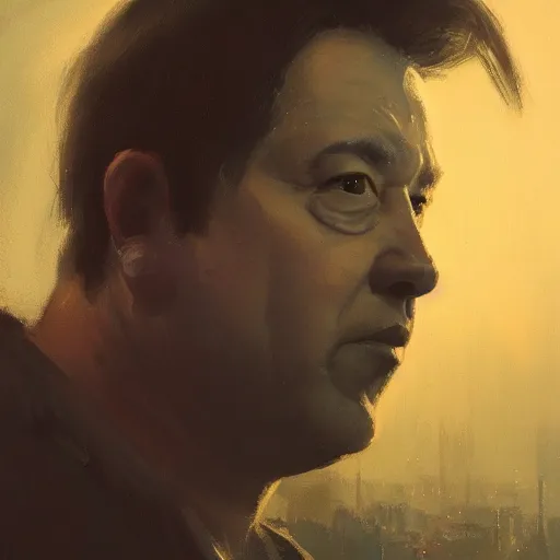 Image similar to closeup portrait of bill hicks, dramatic lighting, city background, night, moon, chiaroscuro, high detail, painted by greg rutkowski, painted by igor kieryluk, painted by bobby chiu, trending on artstation