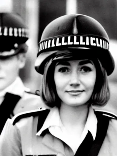 Prompt: a pretty young british police officer. 1 9 6 7.