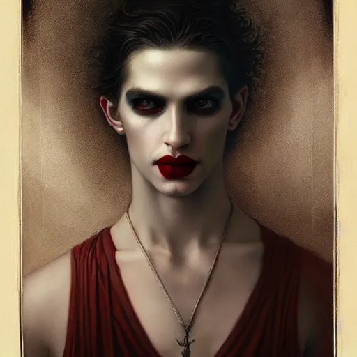 Image similar to attractive twenty first century male vampires beautiful eyes. highly detailed painting by tom bagshaw 8 k