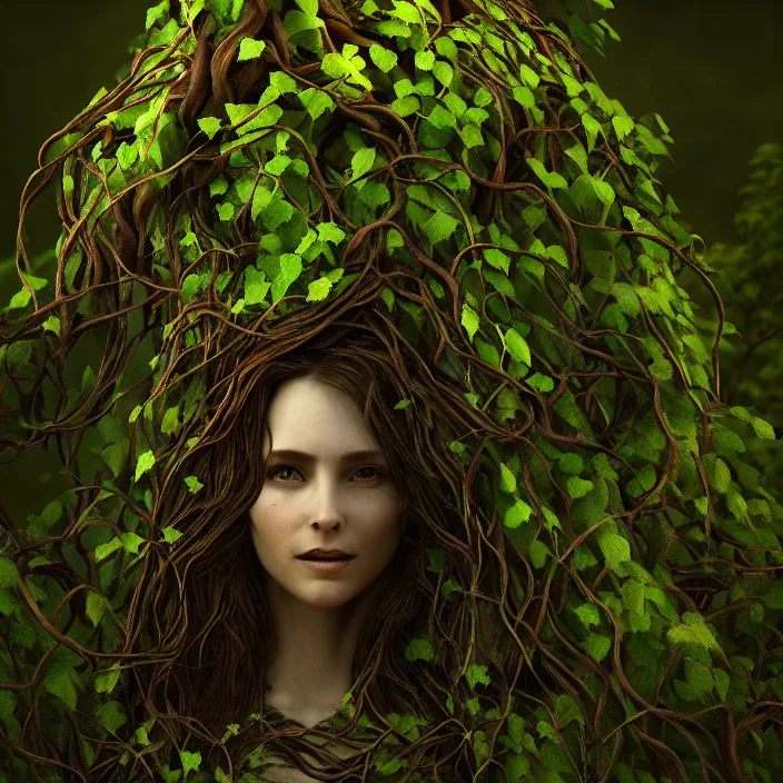 Image similar to female dryad standing, entwined by vines and roots, dark forest, surreal, light shining through, hyper - realistic, highly detailed, sharp focus, smooth, intricate, octane render