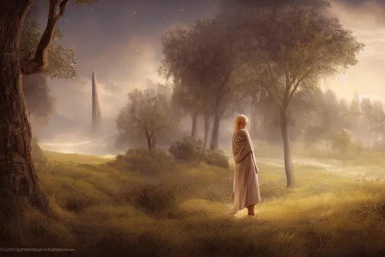 Prompt: scene with a beautiful realistic blond priestess, 30 years old woman, praying in an antic sanctuary, in front of the horizon at dawn, some clouds, runic stones and columns in the background, some trees, cinematic light, digital painting by Magali Villeneuve and wlop, atmospheric effects, fireflies, 4K, artstation, deviantart