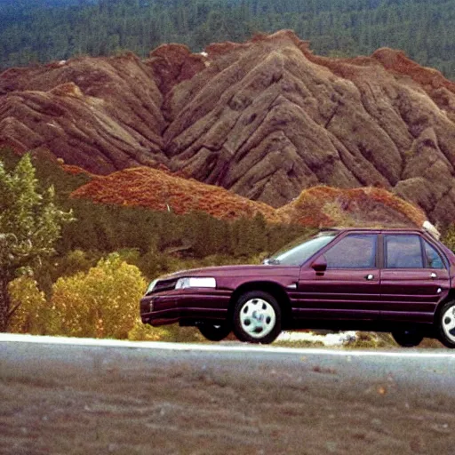 Image similar to maroon 1991 subaru legacy, driving on mountain of salmon skeletons, expressionist painting