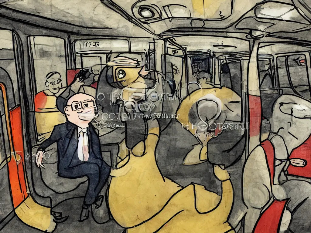 Prompt: (a flat shaded cartoon man in the style of Berkeley breathed), (sitting in a photo real Chicago subway car)