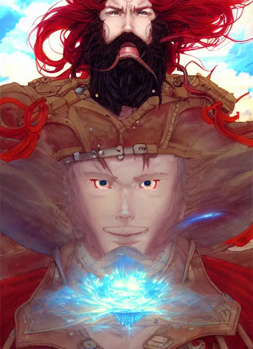 Prompt: prompt : ragnarok online portrait soft light painted by james jean and katsuhiro otomo and erik jones, inspired by akira anime, epic fantasy, a long red haired, red bearded male sky - pirate standing in front of an airship, intricate oil painting, high detail illustration, sharp high detail, manga and anime 1 9 9 9