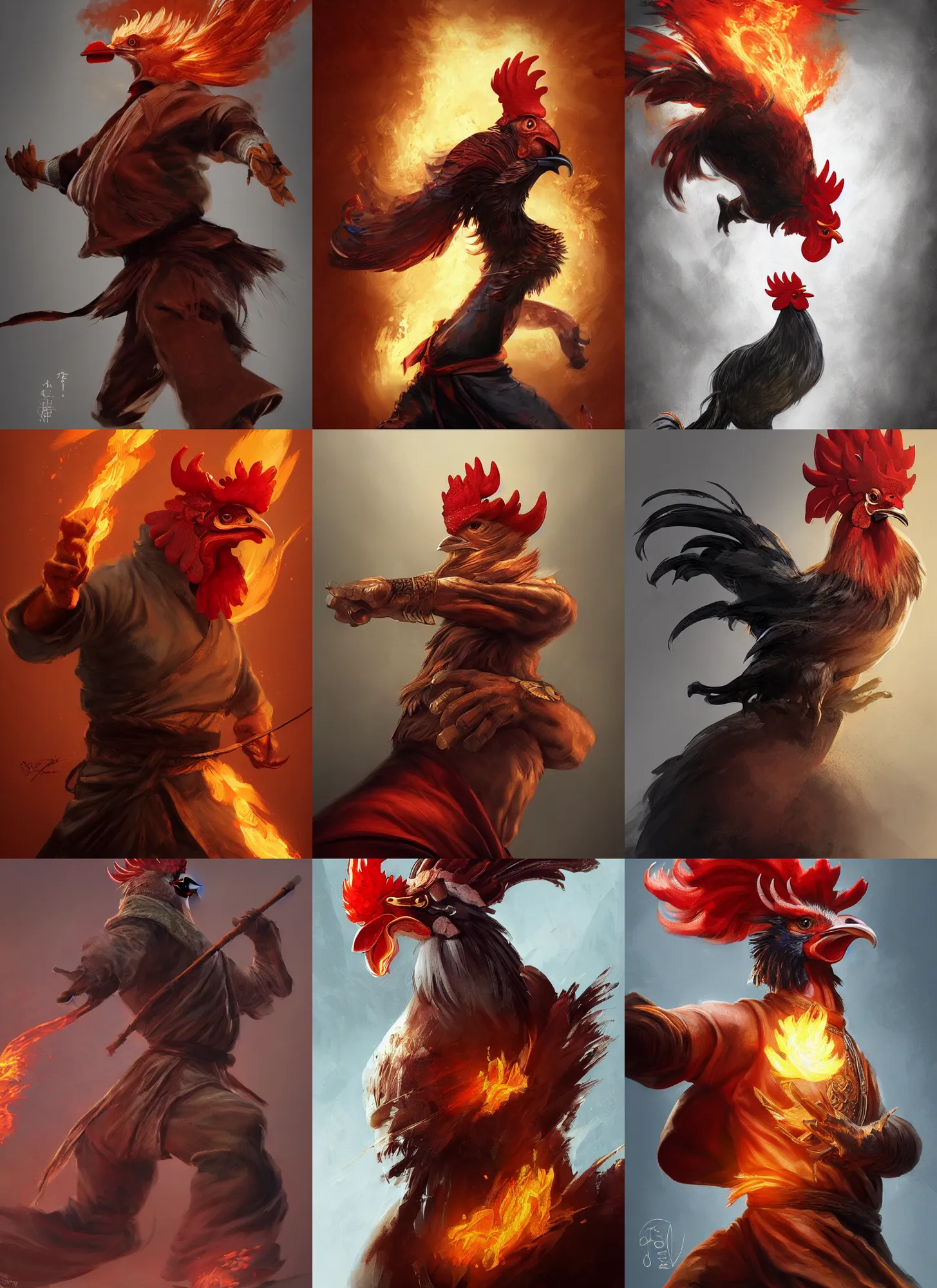 Prompt: rooster headed firebender master of kung - fu, full shot, intricate, elegant, highly detailed, digital painting, artstation, concept art, sharp focus, illustration, aleksi briclot, rutkowski