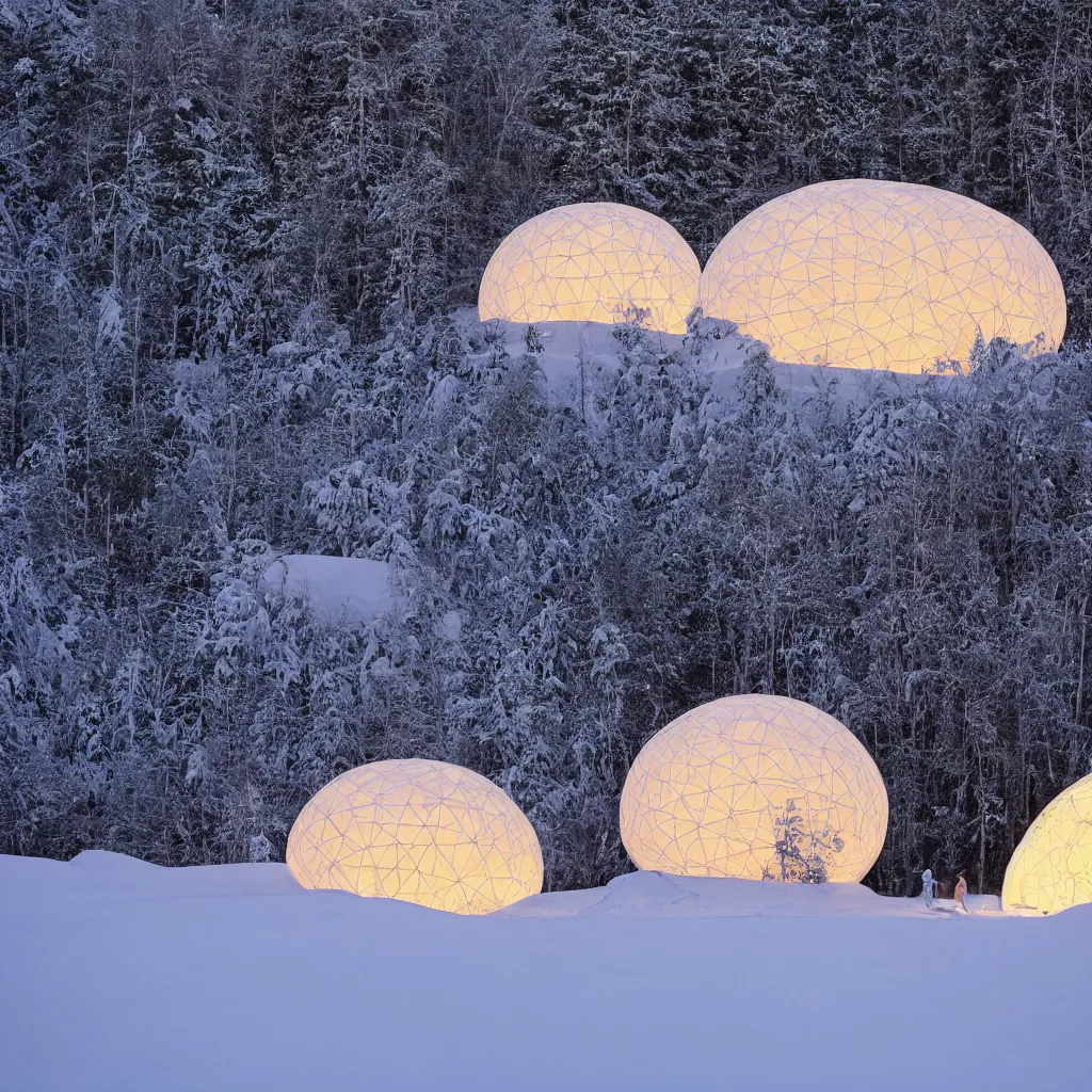 Prompt: A night photo of a glowing inflatable geodesic house made of clear plastic sheeting. Close-up detailed shot with wide angle lens. The inflated bubble house in the mid-ground.The bubble house glows from within with warm light. In the foreground, A family is playing in the snow. The inflated bubble house is at the edge of a snowy winter forest. Coronarender, 8k, photorealistic