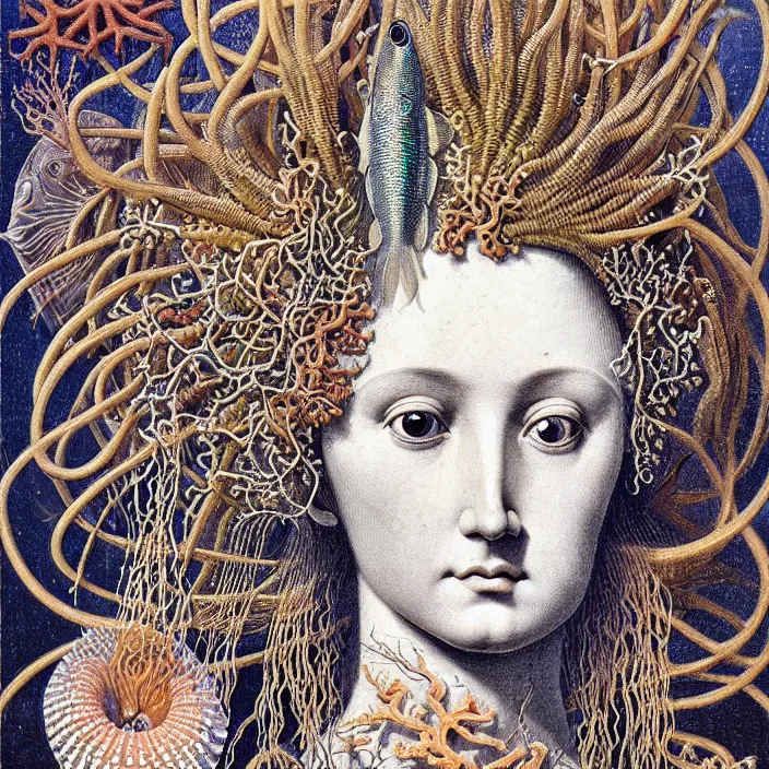 Image similar to realistic detailed face portrait of the goddess of the fish of the three times with an intricate headdress of corals, sea kelp, sea plants, fish, jellyfish, art by ernst haeckel, archimboldo, face in focus, neo - gothic, gothic,