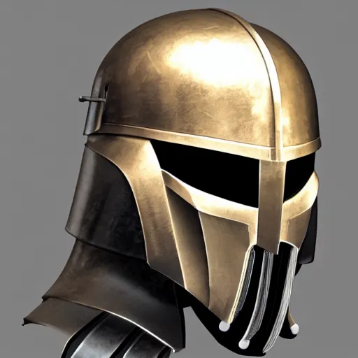 Image similar to realistic templar knight helm design inspired by darth vader, epic scale, character concept art, face symmetry, intricate accurate details, artstation trending, octane render, cinematic color grading, soft light, rule of thirds, golden ratio, like a professional model, cinematic, 8 k, clear.