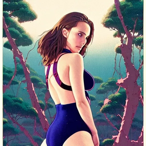 Image similar to a beautiful natalie portman alluring gravure! plus sized model, wearing oversized mayan bomber jacket and leotard with overalls, bulky poofy bomber jacket with mayan patterns, aztec street fashion, gapmoe yandere grimdark, trending on pixiv fanbox, painted by greg rutkowski makoto shinkai takashi takeuchi studio ghibli, akihiko yoshida