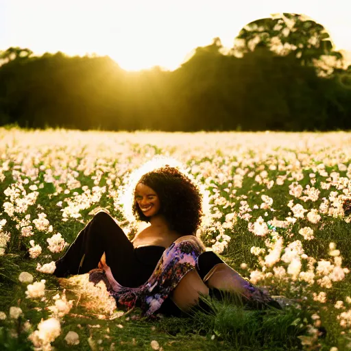 Image similar to pregnant black woman with curly hair in a vast field of flowers, laying down, a tiny black puppy running around, golden hour, vintage, impressionist painting, fine art, oil painting, dreamy, pastel, laughing, happy, intricate details, sharp, peaceful, serene