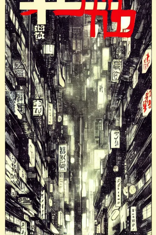 Prompt: bladerunner manga cover, cover art for manga, full color, seinen manga by kentaro miura. text kanji hiragana on the cover simplistic minimalist stylized cover art, coherent professional