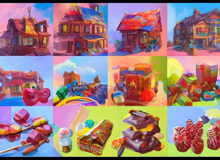 Image similar to builds for a game candy themed, oil painting by jama jurabaev, extremely detailed, brush hard, artstation, for aaa game, high quality, brush stroke