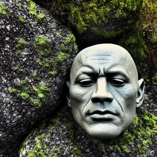 Image similar to a grey mossy rock with the face of dwayne johnson, shot on iphone 1