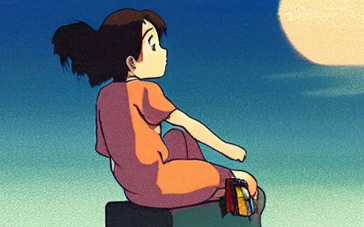 Prompt: a girl sitting on the roof of a building watching a mushroom cloud in the distance, art by hayao miyazaki, studio ghibli film,