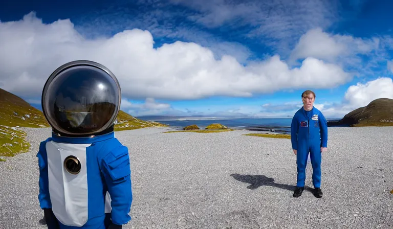 Prompt: tourist astronaut in sci-fi suit, standing in the Isle of Harris, Scotland, a futuristic campervan in the background, wide angle lens, photorealistic